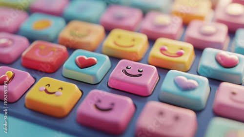 CU Macro of colorful pastel keyboard where every key is a different happy emoji.