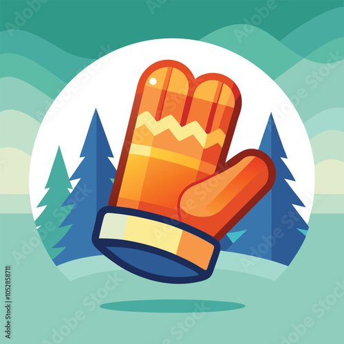 Orange winter mitten with a white and blue trim in front of a snowy forest scene.