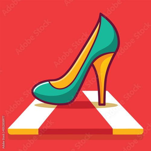 A single green high heel shoe stands on a red and white striped runway.