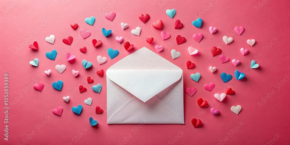 Symmetrical white open envelope inside pink on red background with blue red and pink hearts around flat lay Symmetrical white open envelope inside pink on red background with blue red and pink hearts around flat lay