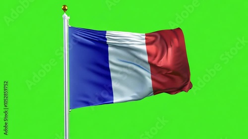 French Flag Waving Proudly: Capture the essence of French pride and patriotism with this captivating image of the French flag waving majestically against a vibrant green screen.