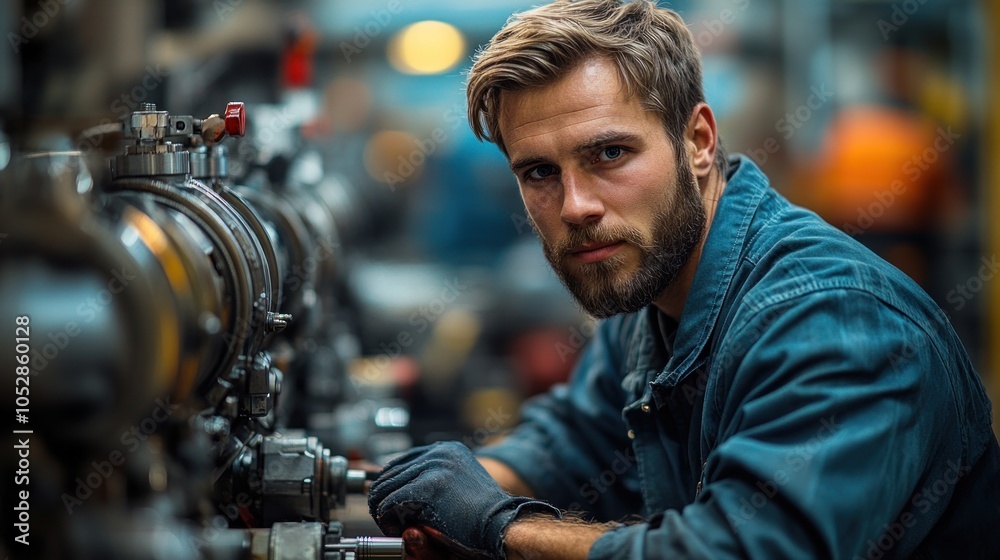A focused technician working on machinery in an industrial setting. A focused technician working on machinery in an industrial setting.
