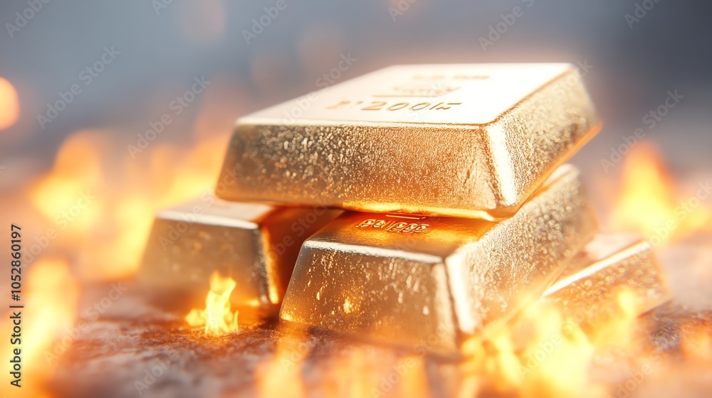 Conceptual closeup of gold bars with fiery inflation backgrounds, emphasizing gold as a protective hedge against inflation Conceptual closeup of gold bars with fiery inflation backgrounds, emphasizing gold as a protective hedge against inflation