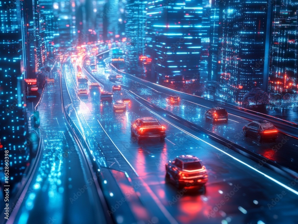 A smart traffic management system using AI to reduce congestion and improve road safety in a futuristic city. A smart traffic management system using AI to reduce congestion and improve road safety in a futuristic city.