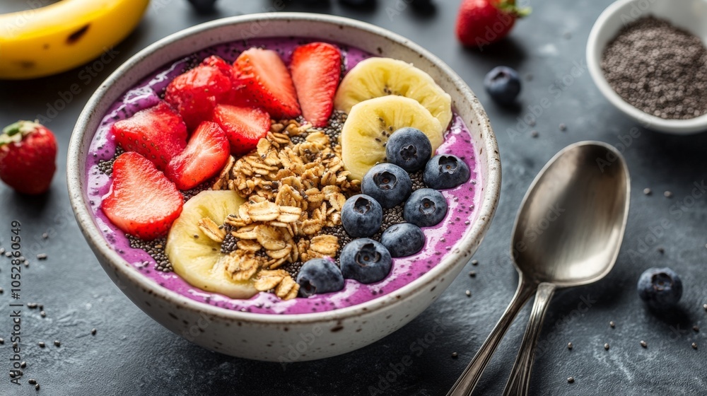 A smoothie bowl topped with fresh fruit, chia seeds, and granola, creating a colorful and nutritious plant-based breakfast. A smoothie bowl topped with fresh fruit, chia seeds, and granola, creating a colorful and nutritious plant-based breakfast.