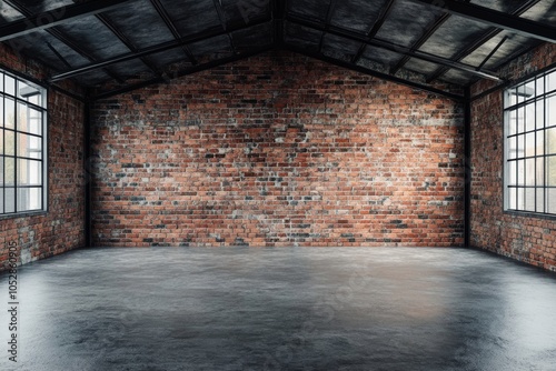 Spacious interior of an empty old warehouse showcasing brick walls and a concrete floor under a black steel roof structure