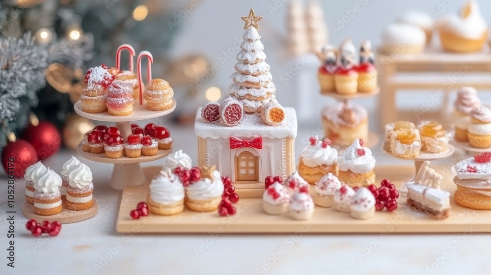 Fototapeta premium Small American bakery with a Christmas tree by the entrance holiday pastries