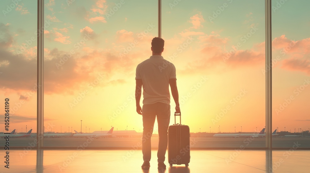 A man is standing in front of a window with a suitcase. The sky is orange and the sun is setting A man is standing in front of a window with a suitcase. The sky is orange and the sun is setting