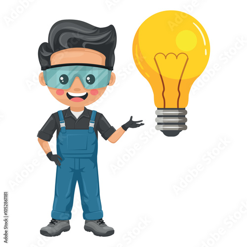 Maintenance technician with a giant light bulb.Creative idea symbol. Handyman with personal protective equipment, focused on maintenance tasks, repairs in industrial and domestic environments