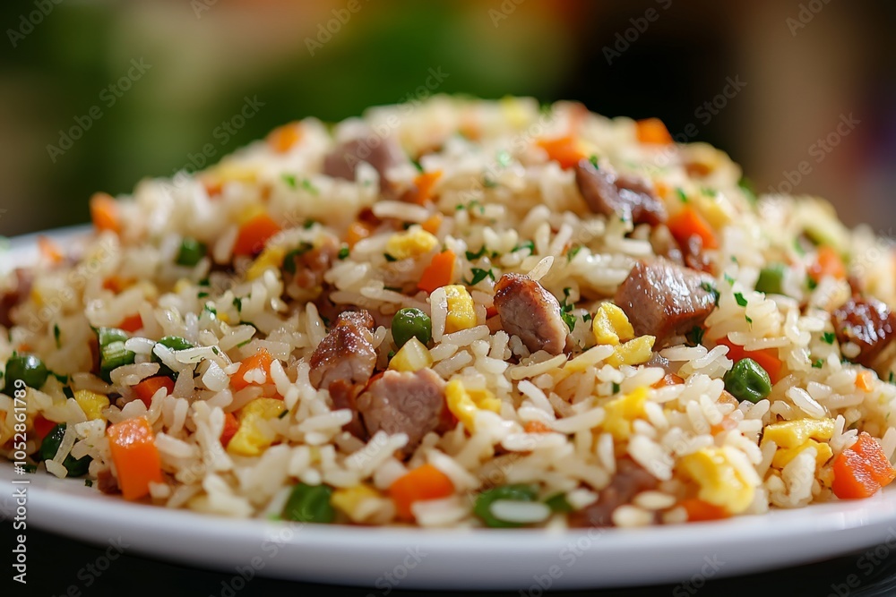 Delicious plate of egg fried rice with vegetables and meat, ready to enjoy in a cozy dining setting at mealtime Delicious plate of egg fried rice with vegetables and meat, ready to enjoy in a cozy dining setting at mealtime