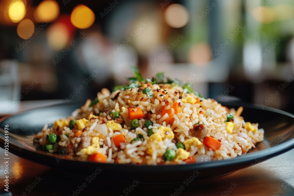 Delicious fried rice with vegetables and meat served on a plate, highlighting vibrant colors in a cozy restaurant setting Delicious fried rice with vegetables and meat served on a plate, highlighting vibrant colors in a cozy restaurant setting