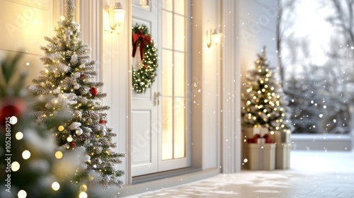 Small American farmhouse with a cozy Christmas tree on the porch soft snowfall