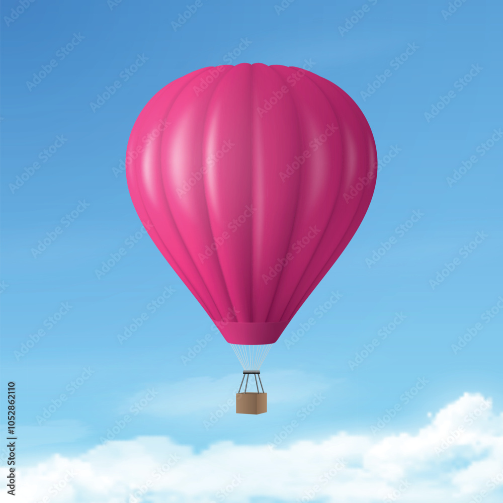 Fototapeta premium Vector Travel Banner with 3d Realistic Hot Air Balloon Icon on a Blue Sky Background. Design Template, Summer Vacation, Travelling, Tourism and Journey Concept