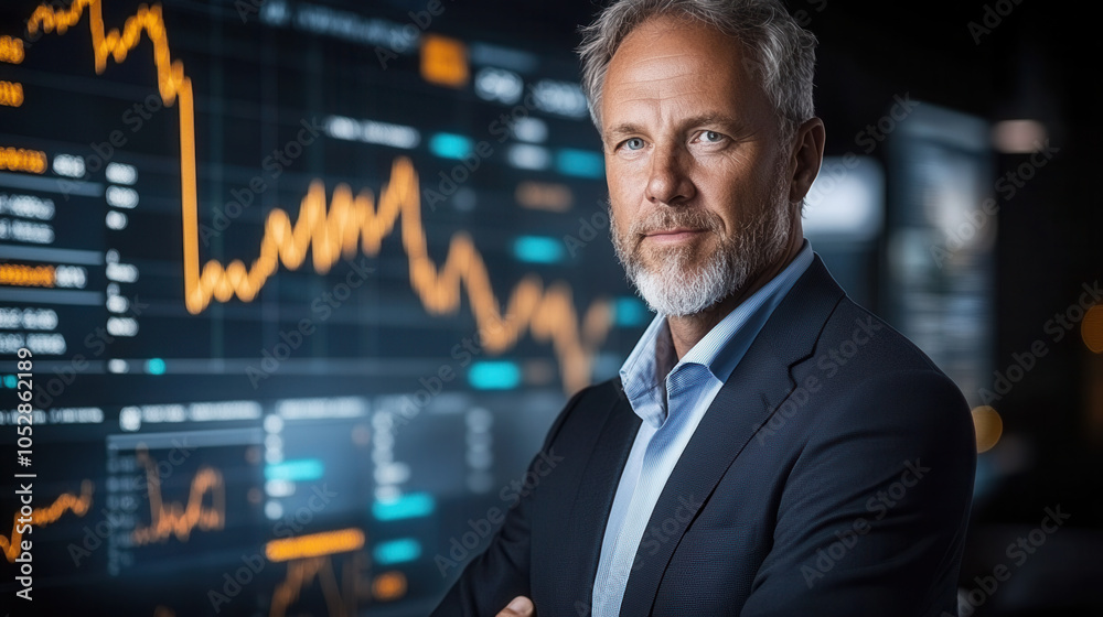 Fototapeta premium businessman standing confidently in front of large screen displaying financial data and graphs, showcasing professional atmosphere