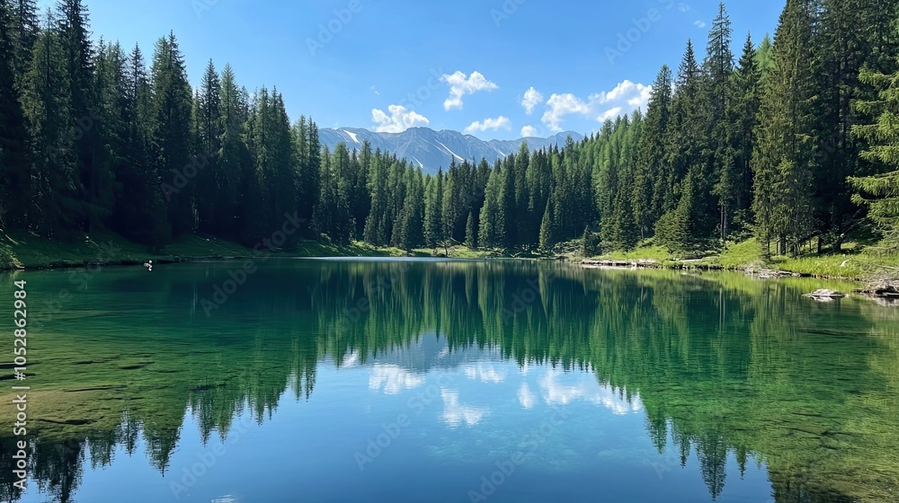 Tranquil mountain lake with crystal clear water and lush green pine trees reflecting in the surface. Tranquil mountain lake with crystal clear water and lush green pine trees reflecting in the surface.