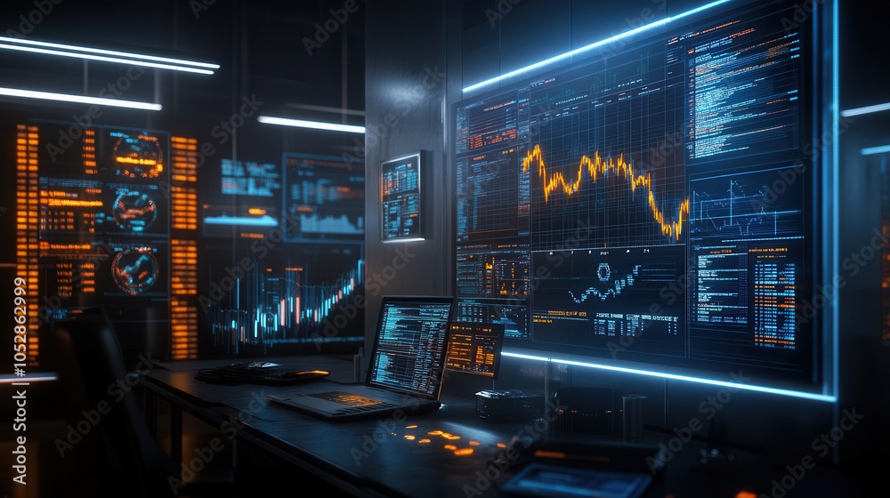 futuristic trading floor featuring advanced holographic displays and data analytics. environment is illuminated with vibrant blue and orange lights, showcasing financial graphs and market trends futuristic trading floor featuring advanced holographic displays and data analytics. environment is illuminated with vibrant blue and orange lights, showcasing financial graphs and market trends