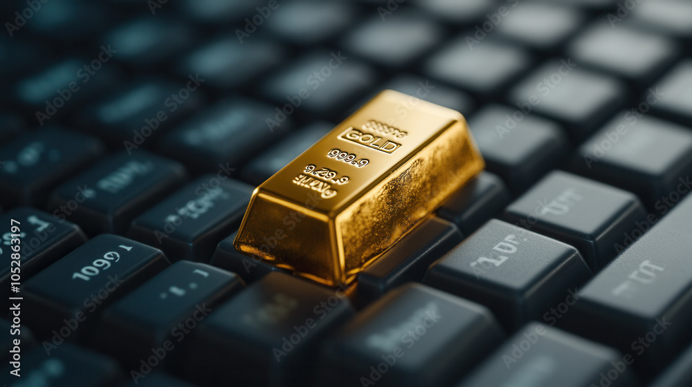 gold bar resting on computer keyboard symbolizes wealth and investment in digital age. This striking image captures intersection of finance and technology, evoking sense of prosperity gold bar resting on computer keyboard symbolizes wealth and investment in digital age. This striking image captures intersection of finance and technology, evoking sense of prosperity