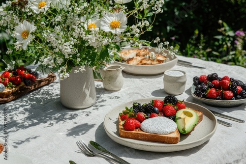 Fresh Breakfast Spread with Whole Grain Toast and Berries