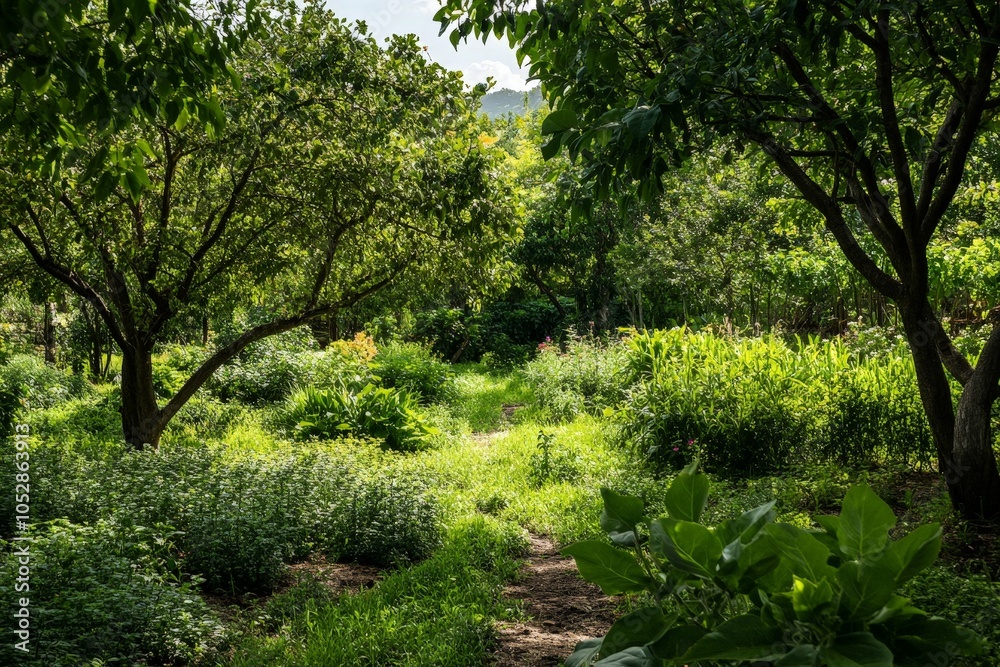 A thriving food forest with layers of vegetation, from ground cover to canopy trees, showing how regenerative agriculture mimics nature. A thriving food forest with layers of vegetation, from ground cover to canopy trees, showing how regenerative agriculture mimics nature.