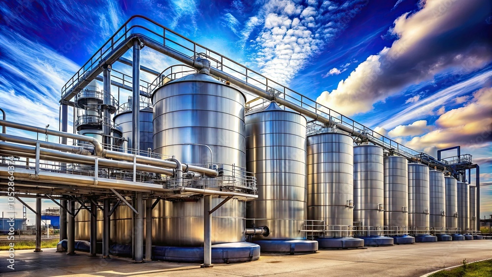 Industrial plant with large metal tanks and pipelines under a blue sky with clouds, industry, factory Industrial plant with large metal tanks and pipelines under a blue sky with clouds, industry, factory