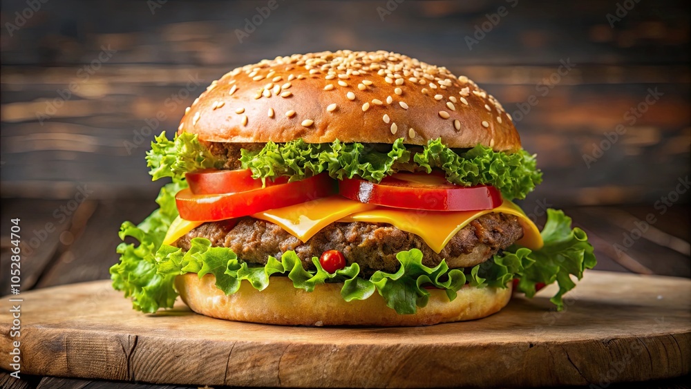 A delicious American burger with minced beef, lettuce, tomatoes, and cheese in a soft sesame seed bun , burger A delicious American burger with minced beef, lettuce, tomatoes, and cheese in a soft sesame seed bun , burger