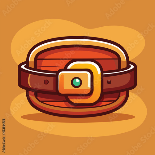 A cartoon illustration of a treasure chest with a golden buckle and a brown leather strap.