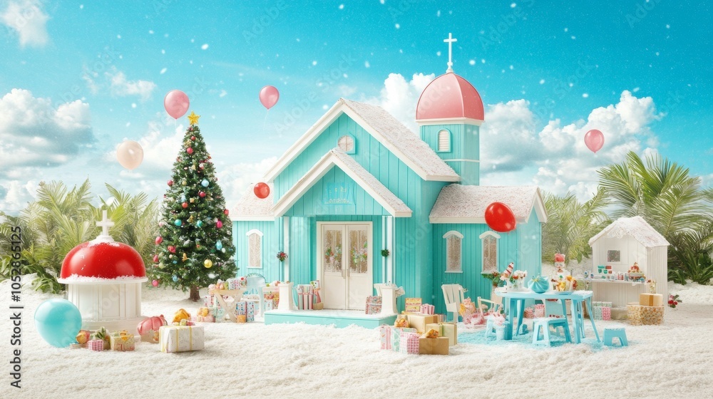 Small-town American schoolhouse with a Christmas tree out front festive decorations Small-town American schoolhouse with a Christmas tree out front festive decorations
