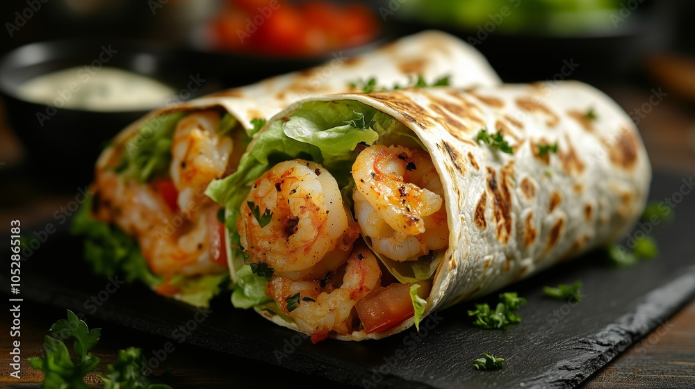 Grilled Shrimp Who tracks down the secret ingredients of a delicious shrimp flour tortilla wrap with lettuce, tomato and ranch dressing served on a black slate plate Grilled Shrimp Who tracks down the secret ingredients of a delicious shrimp flour tortilla wrap with lettuce, tomato and ranch dressing served on a black slate plate