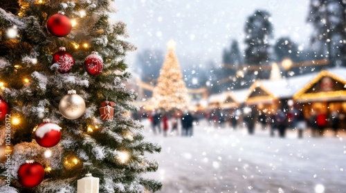 Small-town American square with a large decorated Christmas tree festive holiday ambiance