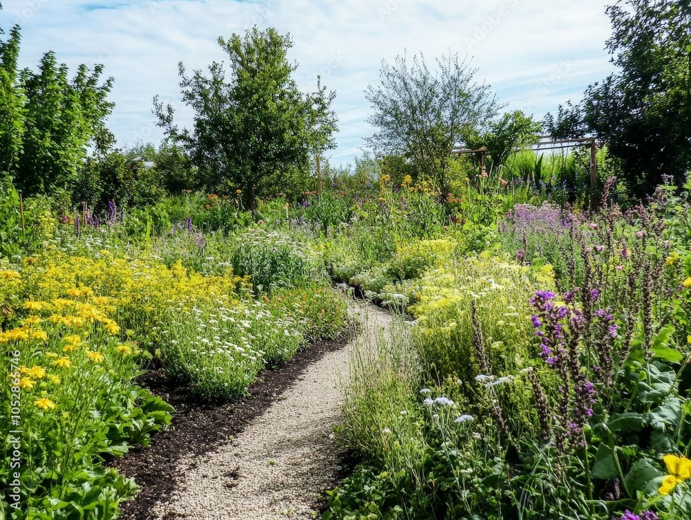 A thriving regenerative garden with multi-species planting, where biodiversity boosts crop health and soil fertility. A thriving regenerative garden with multi-species planting, where biodiversity boosts crop health and soil fertility.