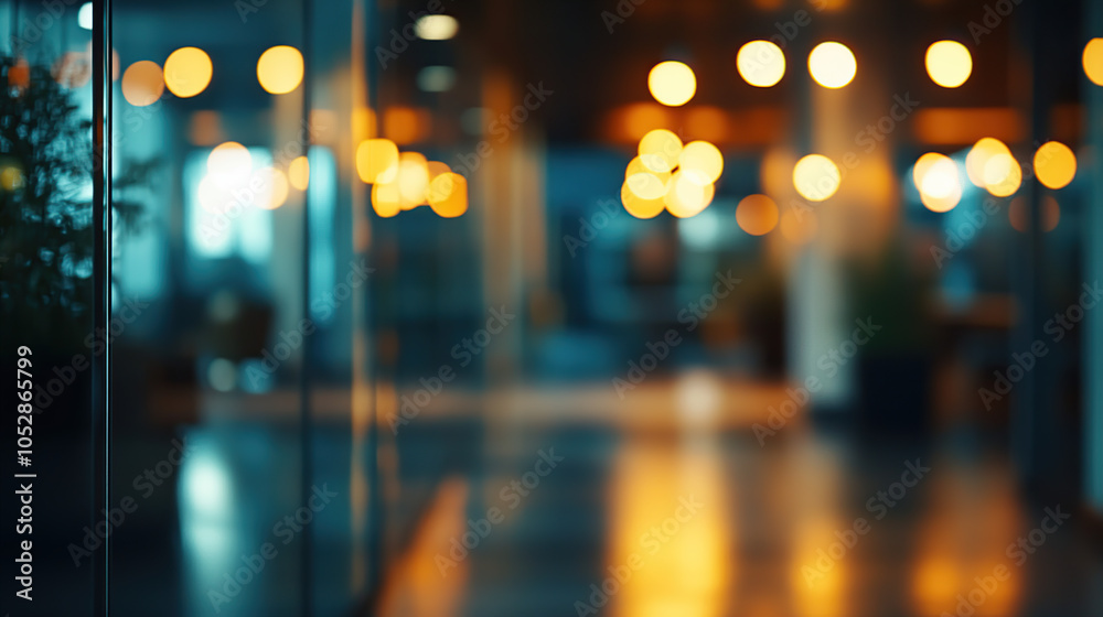 An empty office chair at night in an atmospheric corporate setting, illuminated by soft city lights outside the large glass windows