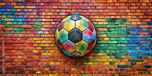 Colorful graffiti of soccer ball on brick wall , street art, urban, graffiti, soccer, football, vibrant, colorful
