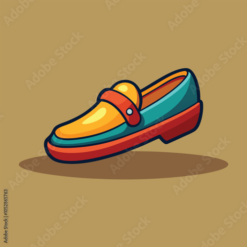 A colorful cartoon illustration of a loafer shoe with a red, yellow, and blue color scheme.