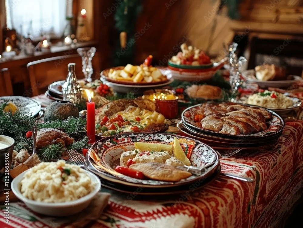 A traditional Polish Christmas Eve dinner (Wigilia), with 12 dishes served and an extra seat left at the table for an unexpected guest. A traditional Polish Christmas Eve dinner (Wigilia), with 12 dishes served and an extra seat left at the table for an unexpected guest.