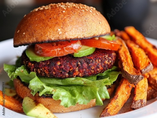 A vegan burger made with a beet and quinoa patty, topped with fresh lettuce, tomatoes, and avocado, served with sweet potato fries. photo