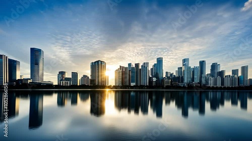 Wallpaper Mural The city skyline reflects in the calm waters of the lake as the sun rises above the tall buildings Torontodigital.ca