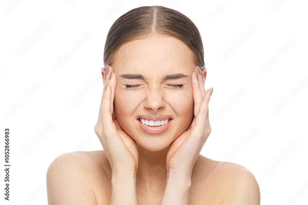 Upset unhappy young woman squeezing head with hands, suffering from headache Upset unhappy young woman squeezing head with hands, suffering from headache