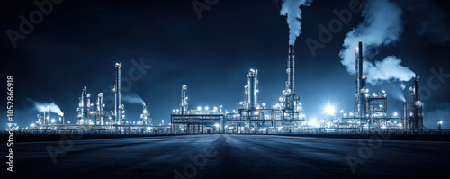 A large industrial plant with many tall smokestacks. The sky is dark and the lights are on