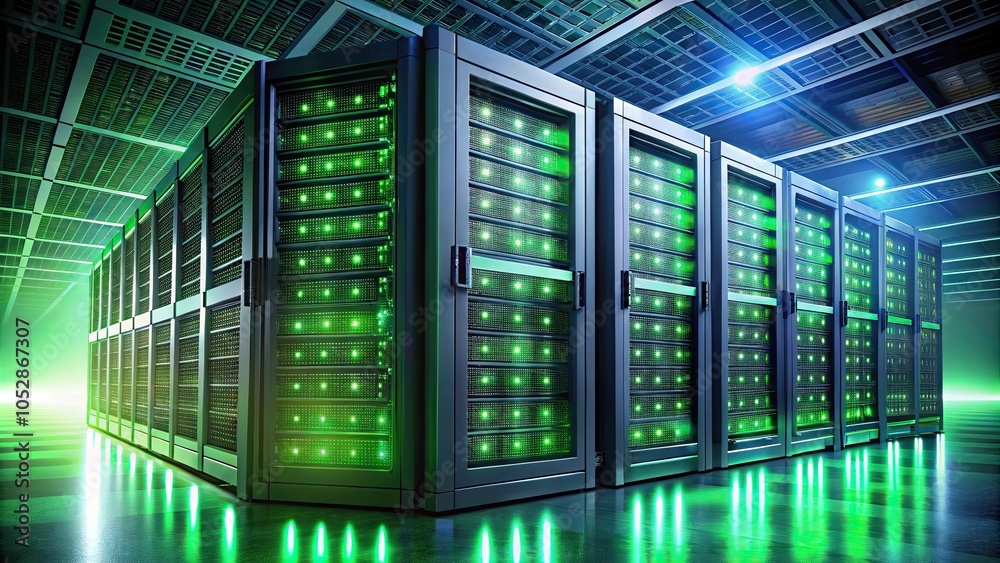 Server rack with glowing green lights in abstract background, technology, server, rack, green lights, abstract Server rack with glowing green lights in abstract background, technology, server, rack, green lights, abstract