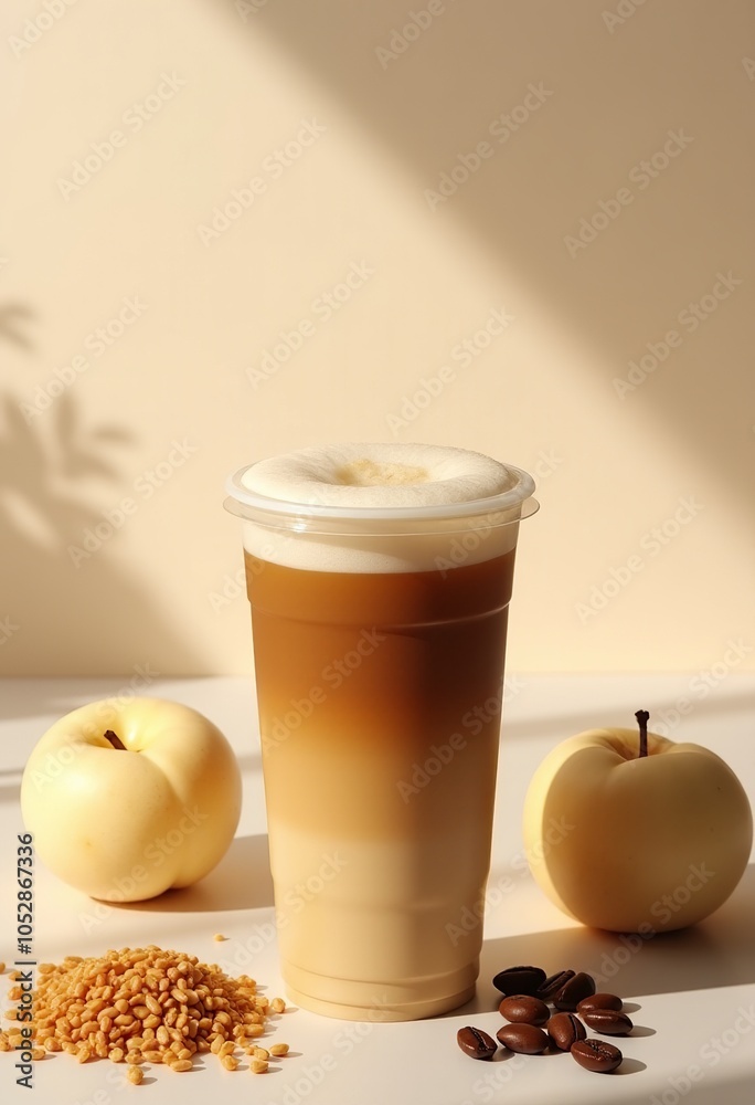Charming Presentation of Rice Milk Coffee in a Tall Plastic Cup with Soft Lighting, Accentuated by Japanese White Peaches and Coffee Ingredients 