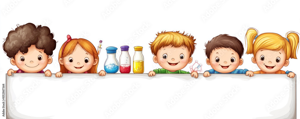 A group of children are standing behind a blank white board. They are smiling and seem to be having fun A group of children are standing behind a blank white board. They are smiling and seem to be having fun