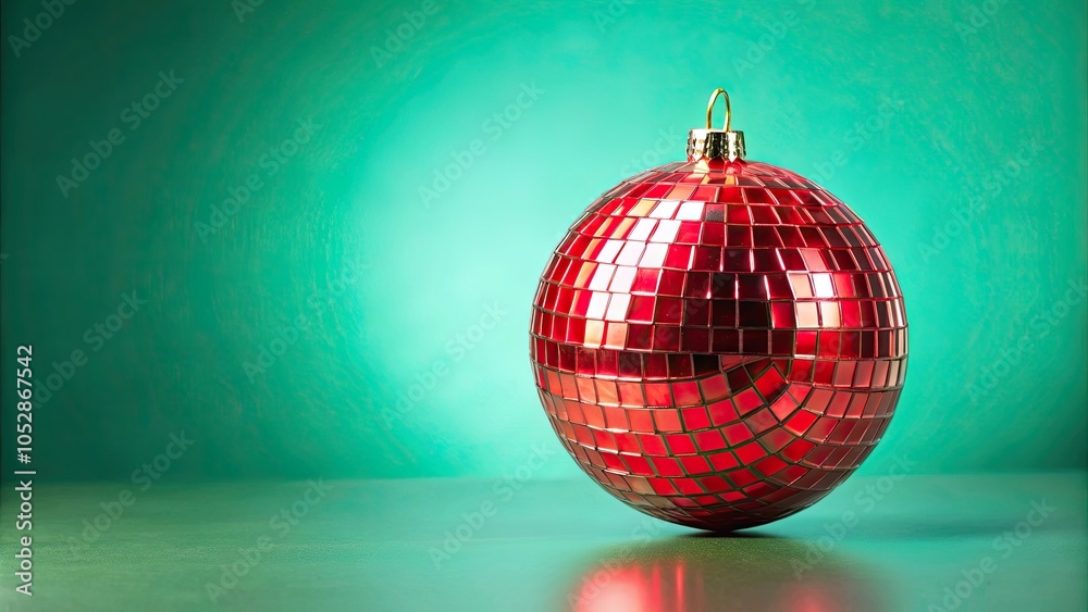 Fototapeta premium Red mirrored disco ball ornament reflecting light on light green background, festive decoration concept , disco ball