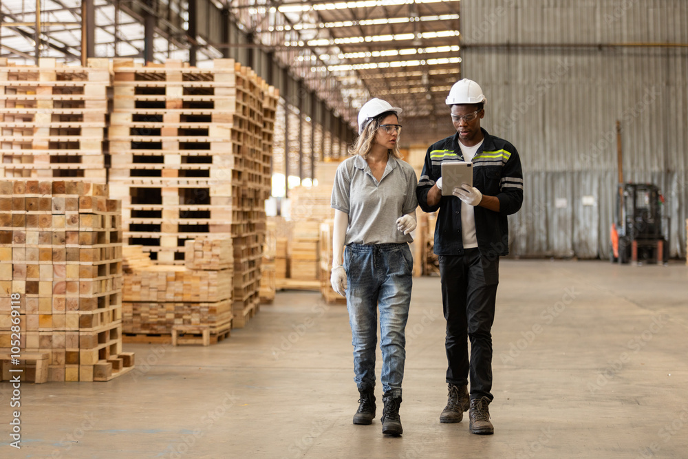 Fototapeta premium Team engineer manager wooden factory wearing safety uniform and hard hat working using tablet checking quality of wooden products furniture at workshop. Diverse ethnic worker hardwood warehouse.