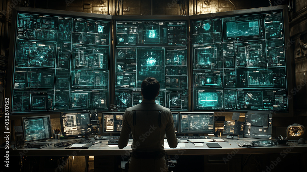 The Hacker's Lair: A lone figure stands before a wall of flickering monitors, each displaying complex data streams and code. In the dim, atmospheric lighting. The Hacker's Lair: A lone figure stands before a wall of flickering monitors, each displaying complex data streams and code. In the dim, atmospheric lighting.