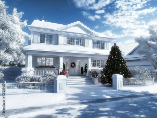 Traditional American cottage with a Christmas tree visible through frosted windows