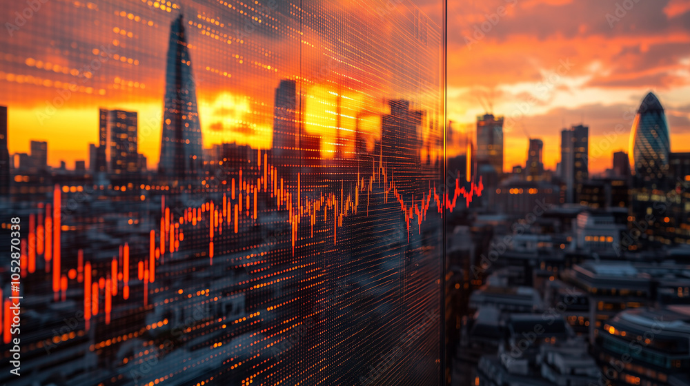 London Skyline & Stock Market: The vibrant cityscape of London, illuminated by a dramatic sunset, with superimposed stock market charts capturing the pulse of global finance.