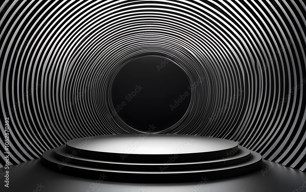 Obraz premium A visually striking black and white tunnel with concentric lines leading to a central dark circle and a circular platform.