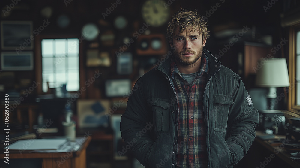 Man in Rustic Workshop: A contemplative man stands in a dimly lit workshop, his rugged exterior and thoughtful gaze hinting at a story waiting to be told. Man in Rustic Workshop: A contemplative man stands in a dimly lit workshop, his rugged exterior and thoughtful gaze hinting at a story waiting to be told.