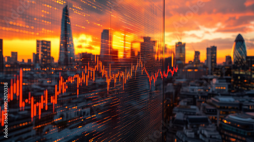 Obraz na płótnie London Skyline & Stock Market: The vibrant cityscape of London, illuminated by a dramatic sunset, with superimposed stock market charts capturing the pulse of global finance. w salonie