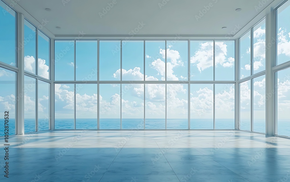 Fototapeta premium A bright, modern interior space featuring large windows that showcase a stunning ocean view under a clear blue sky.